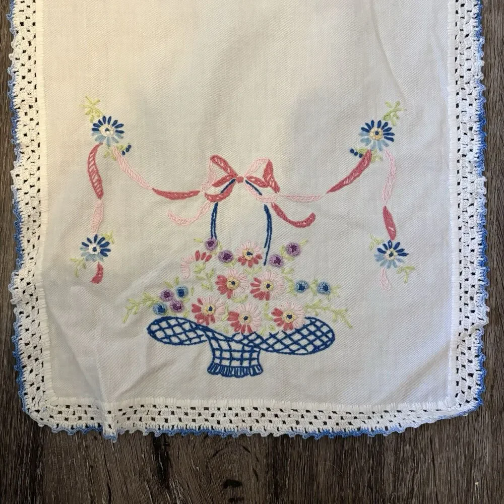 Embroidered Dresser Scarf Table Runner Vtg Basket Flowers Ribbon 30x13 White